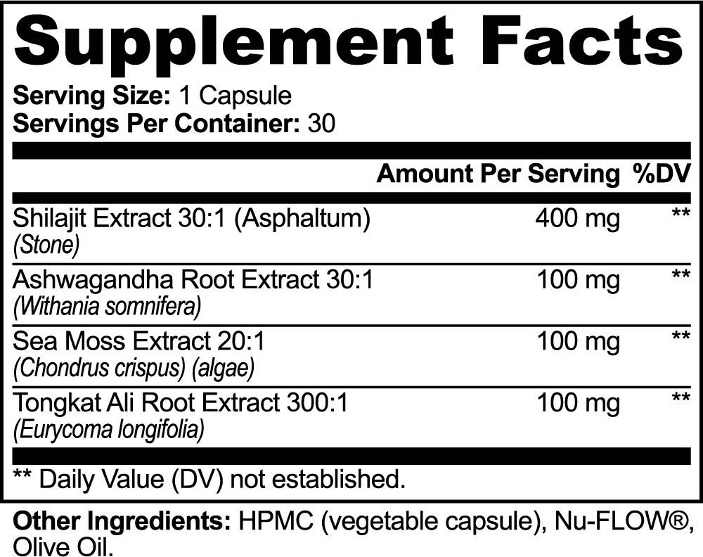 Shilajit, Ashwagandha, Tongkat Ali, Seamoss