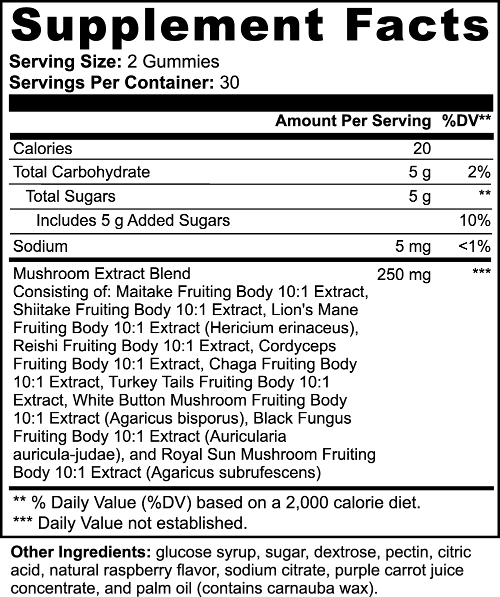 Mushroom Raspberry Gummies - Energy, Focus & Immunity