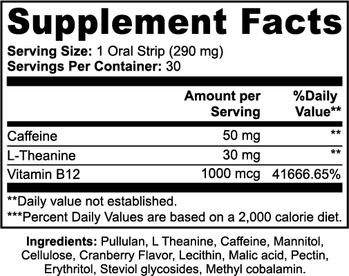 Energy Oral Strips with Green Tea Caffeine and L-Theanine for Sustained Physical and Menetal Alertness-Cranberry Flavor-30 Strips